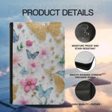 Leatherette Passport Wallet with Card Storage Pockets Pretty Butterfly Print Cover Pink Flowers with Gold Specks and Blue Butterflies Floral Spring Pattern Design Fun Design Passport Holder Case