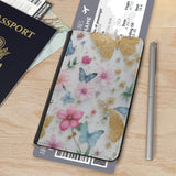 Leatherette Passport Wallet with Card Storage Pockets Pretty Butterfly Print Cover Pink Flowers with Gold Specks and Blue Butterflies Floral Spring Pattern Design Fun Design Passport Holder Case