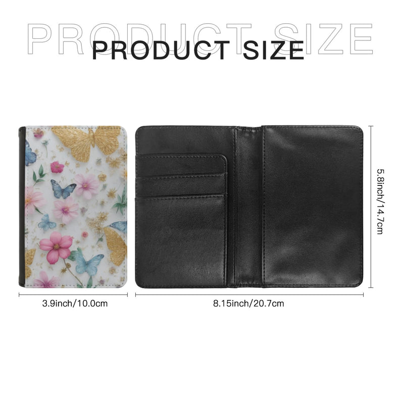 Leatherette Passport Wallet with Card Storage Pockets Pretty Butterfly Print Cover Pink Flowers with Gold Specks and Blue Butterflies Floral Spring Pattern Design Fun Design Passport Holder Case