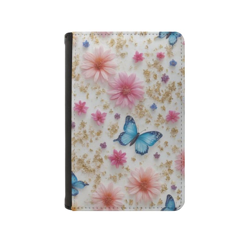 Leatherette Passport Wallet with Card Storage Pockets Pretty Butterfly Print Cover Pink Flowers with Gold Specks and Blue Butterflies Pattern Design Fun Design Passport Holder Case