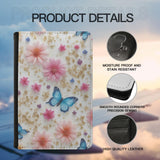 Leatherette Passport Wallet with Card Storage Pockets Pretty Butterfly Print Cover Pink Flowers with Gold Specks and Blue Butterflies Pattern Design Fun Design Passport Holder Case