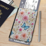 Leatherette Passport Wallet with Card Storage Pockets Pretty Butterfly Print Cover Pink Flowers with Gold Specks and Blue Butterflies Pattern Design Fun Design Passport Holder Case