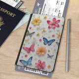 Leatherette Passport Wallet with Card Storage Pockets Pretty Butterfly Print Cover Pink Flowers with Gold Specks and Blue Butterflies Spring Pattern Design Fun Design Passport Holder Case, Black