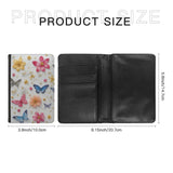 Leatherette Passport Wallet with Card Storage Pockets Pretty Butterfly Print Cover Pink Flowers with Gold Specks and Blue Butterflies Spring Pattern Design Fun Design Passport Holder Case, Black