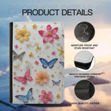 Leatherette Passport Wallet with Card Storage Pockets Pretty Butterfly Print Cover Pink Flowers with Gold Specks and Blue Butterflies Spring Pattern Design Fun Design Passport Holder Case, Black