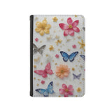 Leatherette Passport Wallet with Card Storage Pockets Pretty Butterfly Print Cover Pink Flowers with Gold Specks and Blue Butterflies Spring Pattern Design Fun Design Passport Holder Case, Black