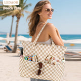 LEDAOU Large Beach Tote Bag Women Waterproof Sandproof Zipper Beach Tote Bag for Pool Gym Grocery Travel with Wet Pocket
