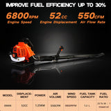 Lefitap 52cc Backpack Leaf Blower Gas Powered - 550 CFM | 205 MPH High Airflow Gas Powered Leaf & Snow Blower for Commercial Yard Lawn Care, Clears Leaves, Debris & Snow (EB808)