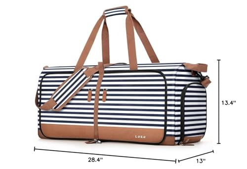 Lekesky Foldable Travel Duffle Bag for Women, 80L Large Duffel Bag with Separate Shoes Compartments & Straps, Carry On Weekend Bag for Women, Hospital, Overnight (Blue Stripes)
