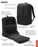 Lenovo Legion Gaming Laptop Backpack GB800, 21L Capacity, Fits 17 - inch Laptops, Water Resistant, Three Main Compartments & 19 Specialiized Pockets, Black