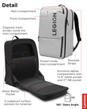 Lenovo Legion Gaming Laptop Backpack GB800, 21L Capacity, Fits 17 - inch Laptops, Water Resistant, Three Main Compartments & 19 Specialiized Pockets, Light Grey