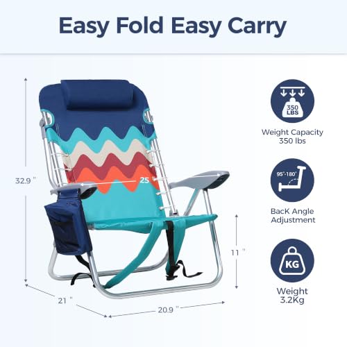 LET'S CAMP Backpack Beach Chair Set of 2, 4-Position Classic Lay Flat, Pillow and Padded Shoulder Straps, Storage Pouch and Towel Bar, Support 350LBS, Wave