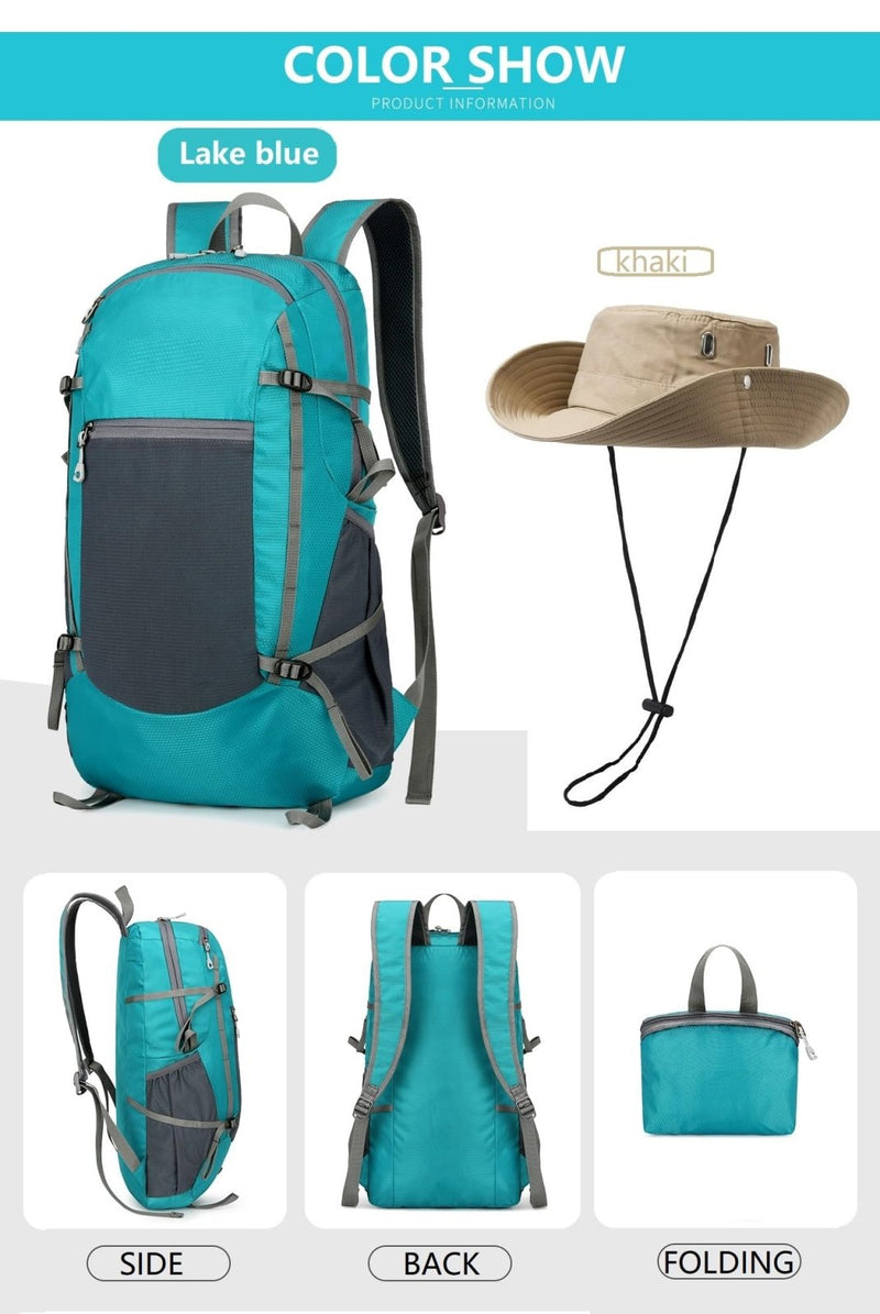 levayhill 30L Foldable Backpack & Bucket Hat 2 In 1 Combo, Lightweight packable Travel and Fisherman Hat Set, Compact Collapsible Daypack with Sun Hat (Lake Blue)