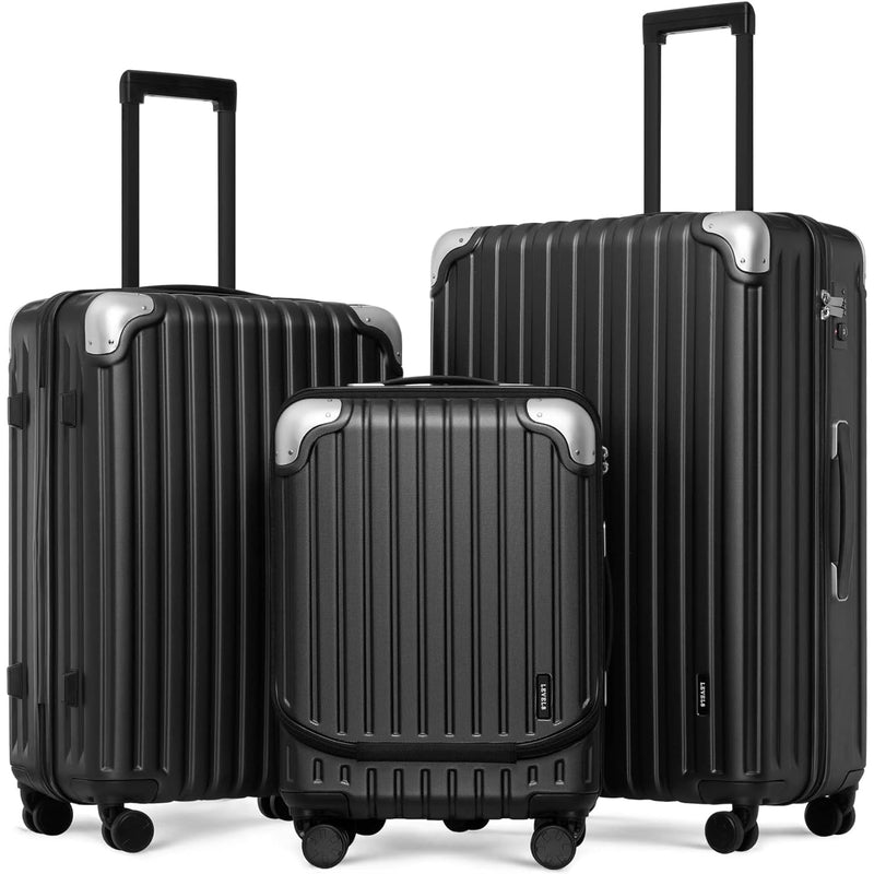 LEVEL8 Grace Luggage Sets Hardshell Suitcase with Wheels, Sturdy Large Suitcase Tsa Lock 20 Inch Expandable Carry on 24 Inch 28 Inch Checked Luggage, 3 - Piece Set (20/24/28), Black
