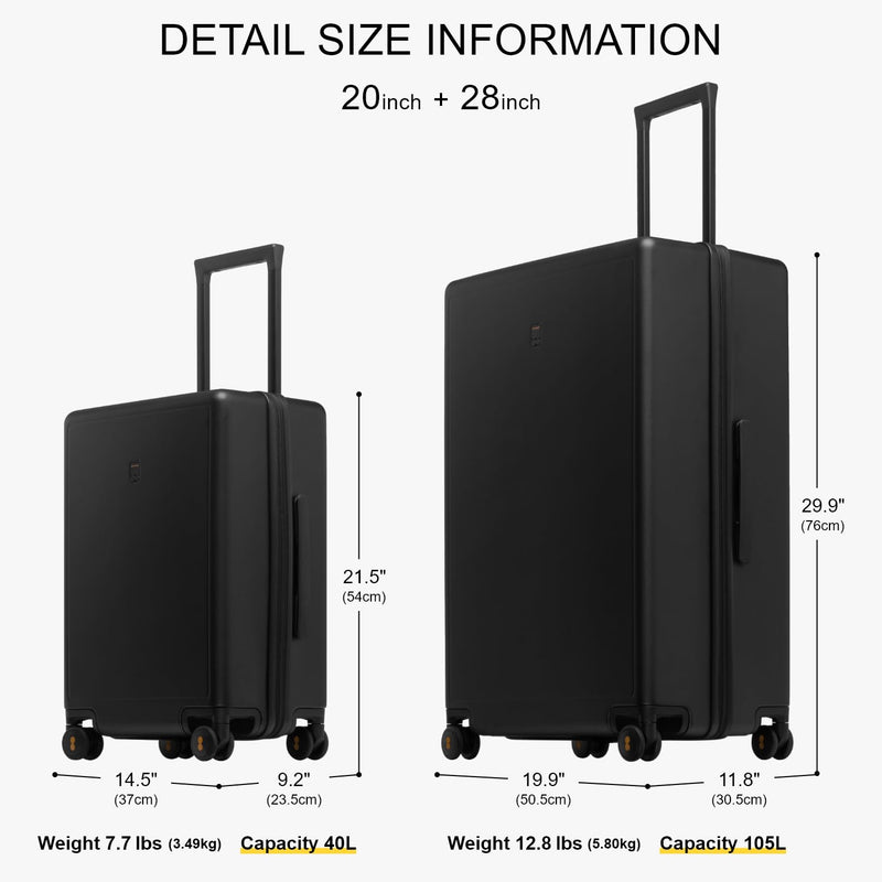 LEVEL8 Luggage Sets 2 Piece, 20/28 inch Hardshell Suitcases Sets, Lightweight Luminous Textured Hardside with Spinner Wheels, Tsa Lock, 2 - Piece Set (20/28), Black