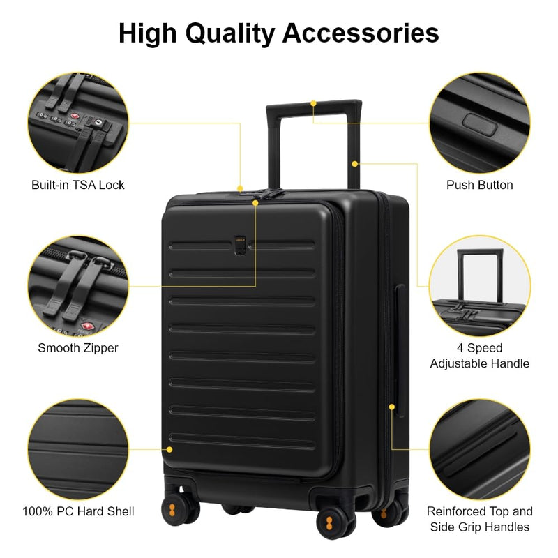 LEVEL8 Road Runner Carry On Luggage with Front Compartment, 20 Inch Lightweight Hard Shell Suitcases with Wheels Airline Approved, Tsa Locks for Luggage, Black