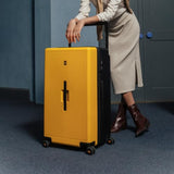 LEVEL8 Voyageur Wide Handle Luggage Airline Approved, 28 Inch Luggage with Spinner Wheels, Hardshell Large Checked Suitcases for Women Men with Tsa Lock, Yellowblack