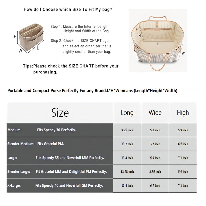 LEXSION Felt Purse Bag Organizer Insert with zipper Bag Tote Shaper Fit Speedy Neverful PM MM 8021 Beige M