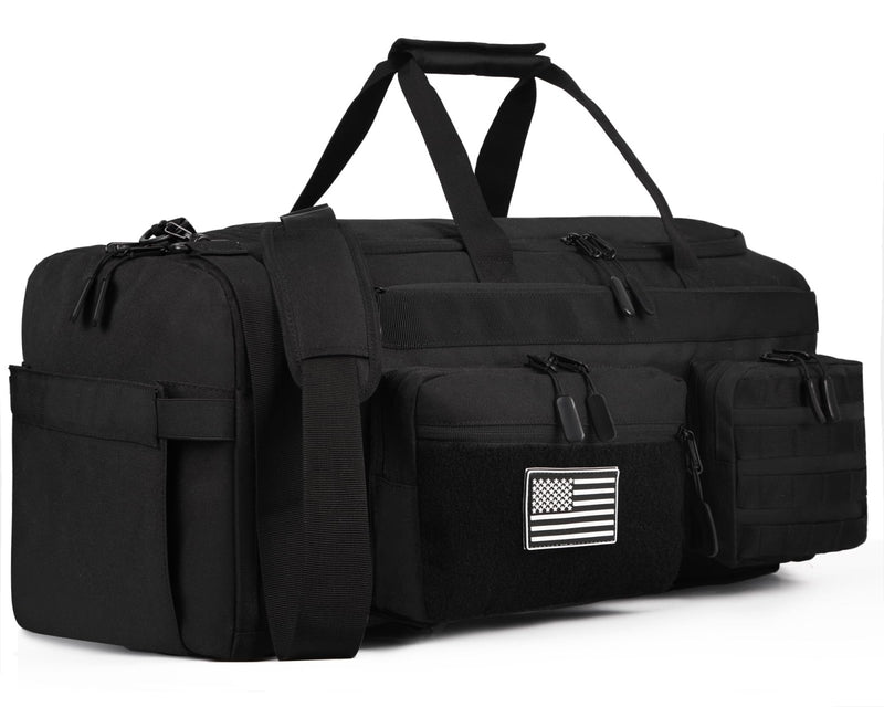 LHI 50L Tactical Duffle Bag for Men, 3 - in - 1 Gym Duffle and Backpack, Shoe Compartment, Laptop Sleeve and MOLLE, Carry - On Travel Weekender and Overnight Bag – Black