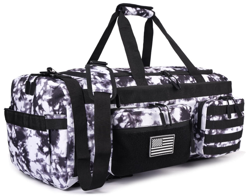 LHI 50L Tactical Duffle Bag for Men, 3 - in - 1 Gym Duffle and Backpack, Shoe Compartment, Laptop Sleeve and MOLLE, Carry - On Travel Weekender and Overnight Bag – Black and White