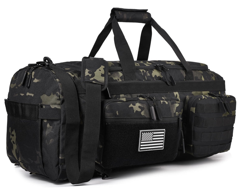 LHI 50L Tactical Duffle Bag for Men, 3 - in - 1 Gym Duffle and Backpack, Shoe Compartment, Laptop Sleeve and MOLLE, Carry - On Travel Weekender and Overnight Bag – Black CP Camo