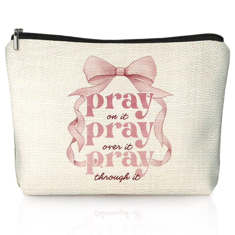 LIANGW Coquette Pink Bow Christian Makeup Bag, Pray On It Pink Girly Cosmetic Bags for Women, Proverbs 31 Woman Gifts, Christian Gifts for Women, Preppy Aesthetic Zipper Makeup Pouch