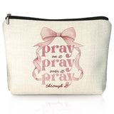 LIANGW Coquette Pink Bow Christian Makeup Bag, Pray On It Pink Girly Cosmetic Bags for Women, Proverbs 31 Woman Gifts, Christian Gifts for Women, Preppy Aesthetic Zipper Makeup Pouch