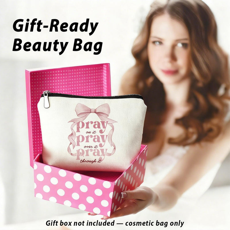 LIANGW Coquette Pink Bow Christian Makeup Bag, Pray On It Pink Girly Cosmetic Bags for Women, Proverbs 31 Woman Gifts, Christian Gifts for Women, Preppy Aesthetic Zipper Makeup Pouch