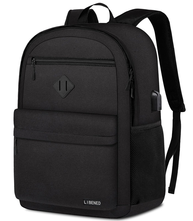 LIBENED School Backpack Teen Boys and Girls, Classical Basic Black Backpack, 15.6 Inch Laptop Bookbag for Women Men, and College High School