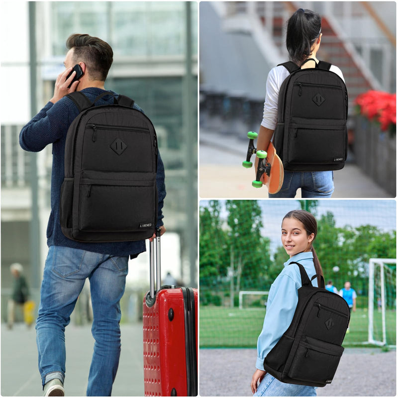 LIBENED School Backpack Teen Boys and Girls, Classical Basic Black Backpack, 15.6 Inch Laptop Bookbag for Women Men, and College High School