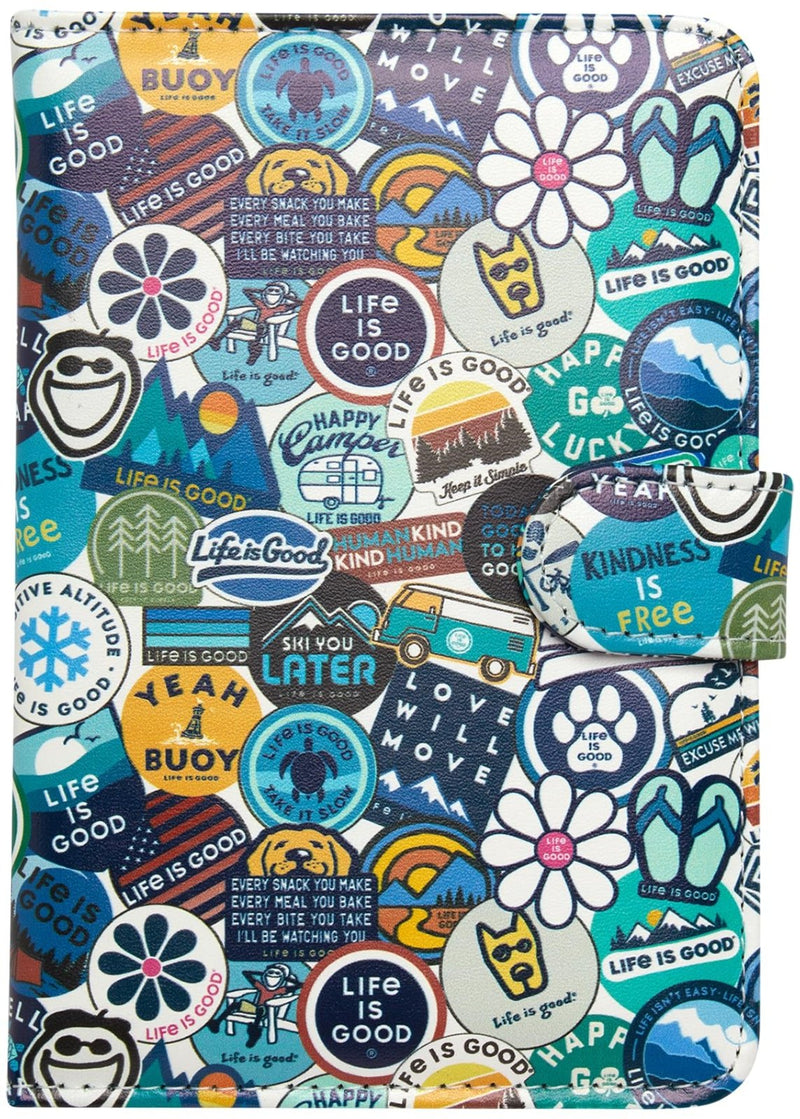Life is Good Travel Passport Cover - Anti - Theft Passport Holder Wallet with Interior Card Slots, Magnetic Snap Closure, Newsprint