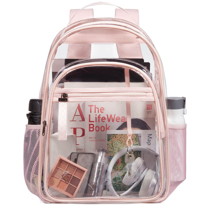 LIGHT FLIGHT Large Clear Backpack with Reinforced Padded Straps Heavy Duty PVC Transparent Backpack See Through Bookbags for Work, Travel, Pink
