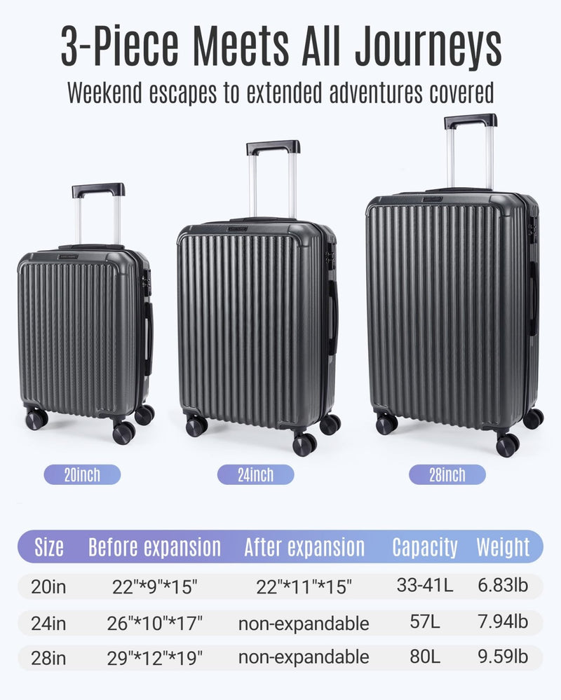 LIGHT FLIGHT Luggage Sets, Durable Hard Shell 3 Piece Set Suitcase with Spinner Wheels, Hardside Lightweight Luggage set with TSA Lock, Large Travel Luggage Set (20" 24" 28"), Glacier Gray