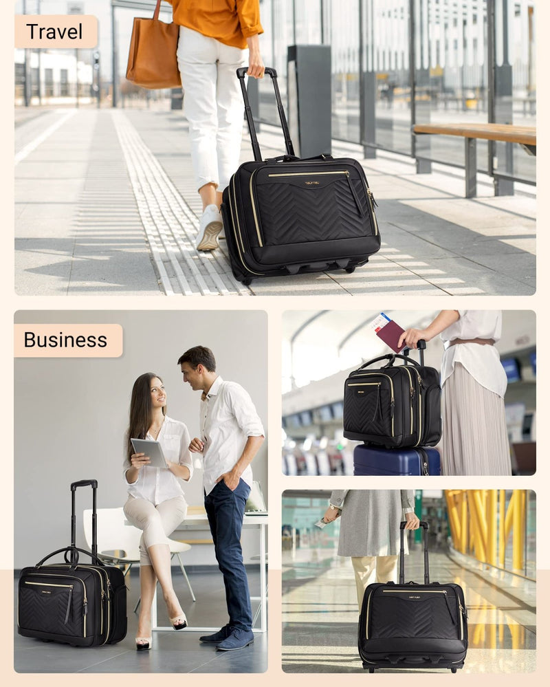 LIGHT FLIGHT Rolling Laptop Bag, 17.3 inch Rolling Briefcase for Women, Computer Bag with Wheels, Overnight Roller for Carry on Travel Work Business, Black