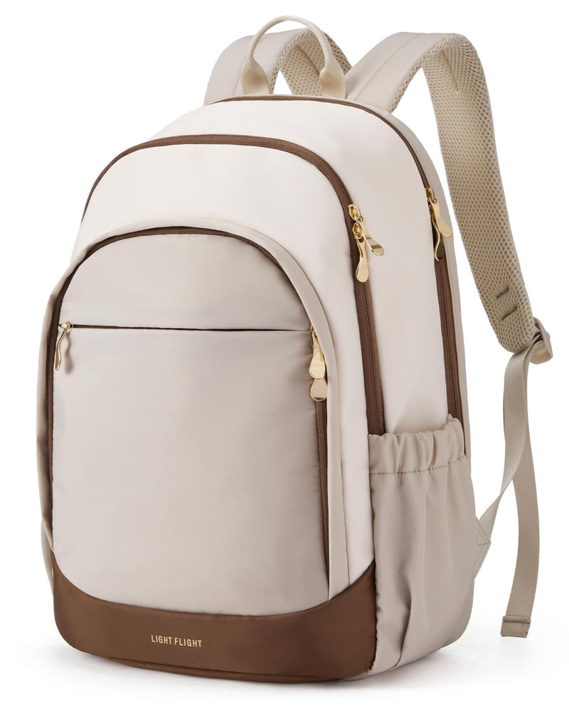 LIGHT FLIGHT Travel Backpack for Women, 15.6 Inch Laptop Backpack with USB Charging Hole, Water Resistant College Bookbag, Large Capacity Black Computer Backpacks for Work, Beige+Brown