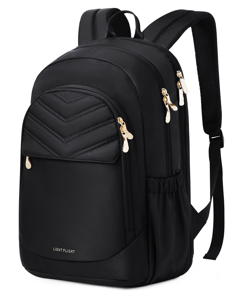 LIGHT FLIGHT Travel Backpack for Women, 15.6" Laptop Backpack with USB Charging Hole, Water Resistant, Large Capacity, Black Daypack for College, Work, Casual Computer Bags