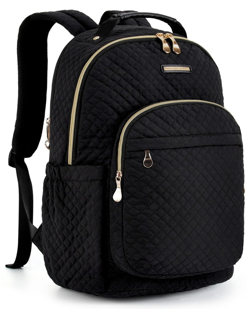 LIGHT FLIGHT Travel Laptop Backpack for Women, 15.6 Inch Laptop Backpack with USB Charging Hole Water Resistant Computer Backpack for Work, Quilted Black