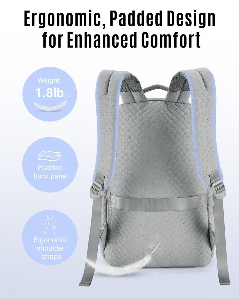 LIGHT FLIGHT Women's 15.6 Inch Anti - Theft Laptop Backpack, Quilted Grey, 17.3 x 11.5 x 6 Inches
