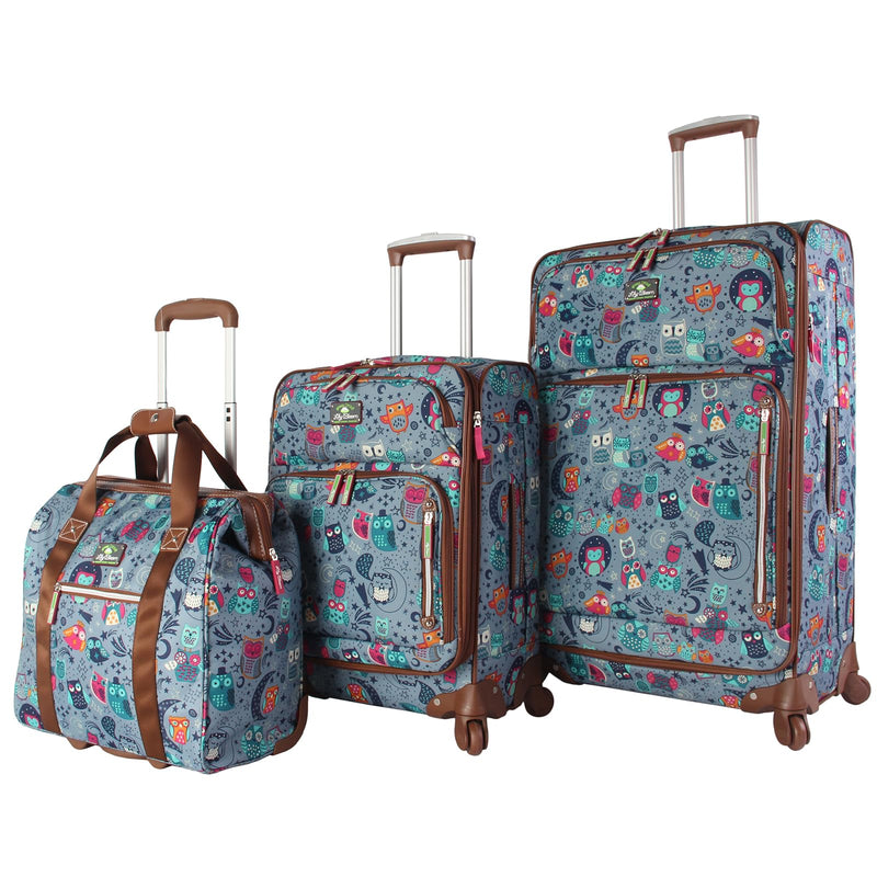 Lily Bloom Luggage 3 Piece Softside Spinner Suitcase Set Collection (Night Owl)