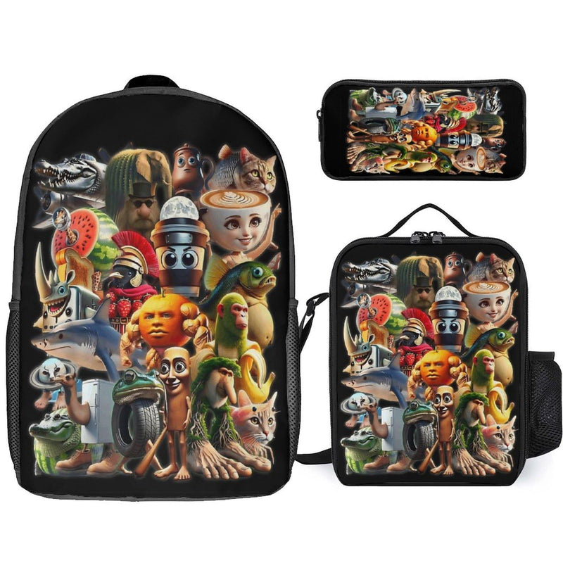 LIUCIOL Italian Brainrot 3PCS Backpack, Novelty Meme Graphic 17 IN Daypacks, Brainrot Casual Lightweight travel bag with Side Pocket