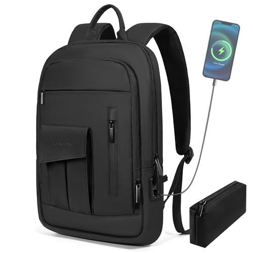 Lixiin Business Backpack for Men Slim Lightweight Laptop Backpack Water Resistant Small Office Backpack for Commute Travel Daily Office Work with Small Bag (Black, 15.6")