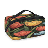 LMHRMWGB Colorful Lily Blooms Travel Makeup Bag, 180° Wide Open Toiletry Bag with Brush Holder, Waterproof Polyester Travel Cosmetic Organizer with Dual Side Pockets for Women