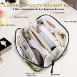 LMHRMWGB White Lily Blooms Travel Makeup Bag, 180° Wide Open Toiletry Bag with Brush Holder, Waterproof Polyester Travel Cosmetic Organizer with Dual Side Pockets for Women