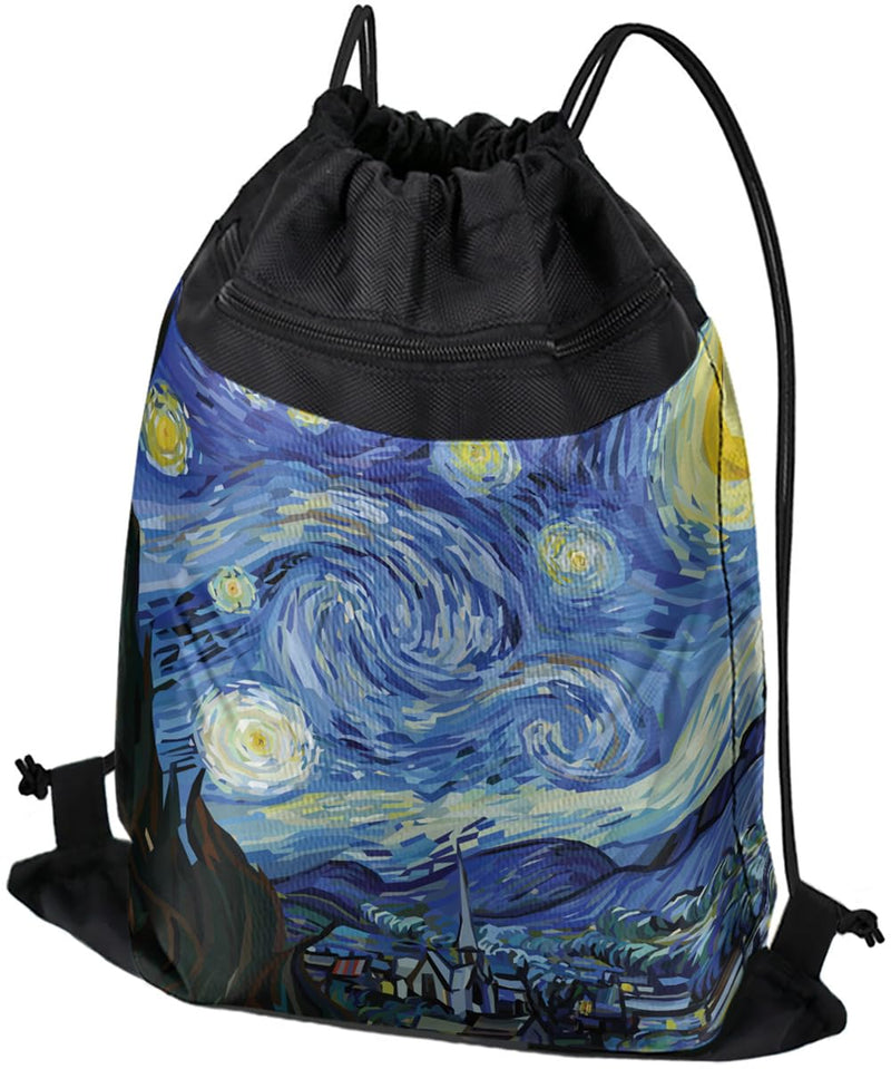 LOGOVISION, Van Gogh Starry Night Drawstring Backpack Sports Bag Sackpack 17" x 13", Perfect for Gym, Yoga or Practice