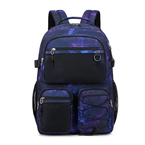 Lohol Multi-Pocket Backpack for Travel College, Heavy Duty Big Bookbag with 15.6 inch Laptop Compartment (Black Purple Galaxy | Backpacks4Less