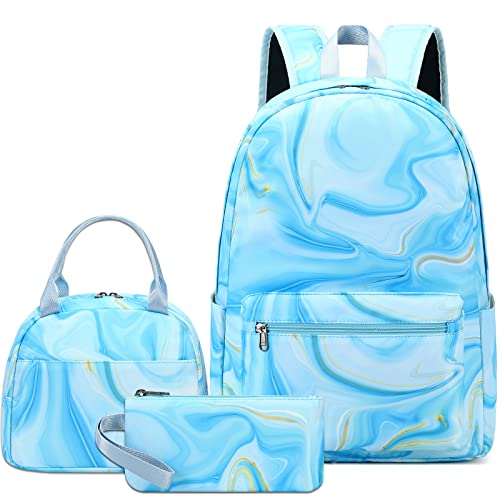 LOIDOU Backpack for Teen Girls Bookbags School Backpack with Lunch Box and Pencil Case 3 in 1 School Bags Set (Marble Blue) | Backpacks4Less