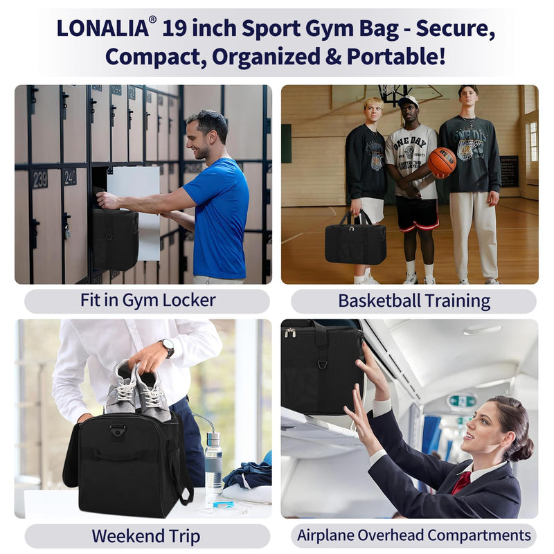 LONALIA 35L Sports Gym Duffle Bag - 19 inch Weekender Duffel for Workout, Basketball, Fitness, Training (Black)