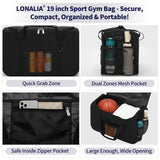 LONALIA 35L Sports Gym Duffle Bag - 19 inch Weekender Duffel for Workout, Basketball, Fitness, Training (Black)