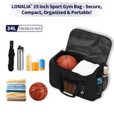 LONALIA 35L Sports Gym Duffle Bag - 19 inch Weekender Duffel for Workout, Basketball, Fitness, Training (Black)