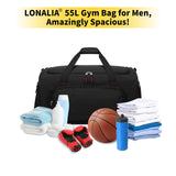 LONALIA 55L Sports Gym Duffle Bag for Men - 22 inch Large Duffel bag for Workout, Travel, Weekender, Fitness (Black)